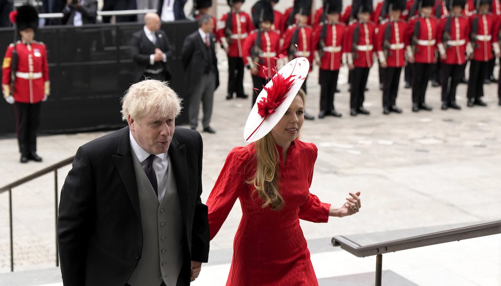 British Prime Minister Boris Johnson and his wife Carrie Symonds arrive for a service of thanksgiving for the reign of Queen Elizabeth II at St Paul's Cathedral in London on June 3, 2022. (AP)