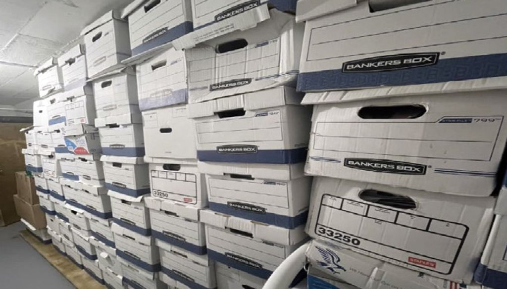 Boxes of records in a storage room at Trump's Mar-a-Lago estate in Palm Beach, Fla., on Nov. 12, 2021, from the indictment against former President Donald Trump. (Justice Department via AP)