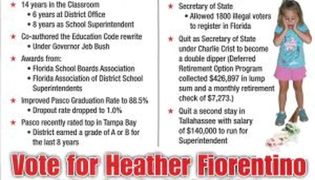 A flier from Heather Fiorentino attacks Kurt Browning in the race for Pasco County schools superintendent.