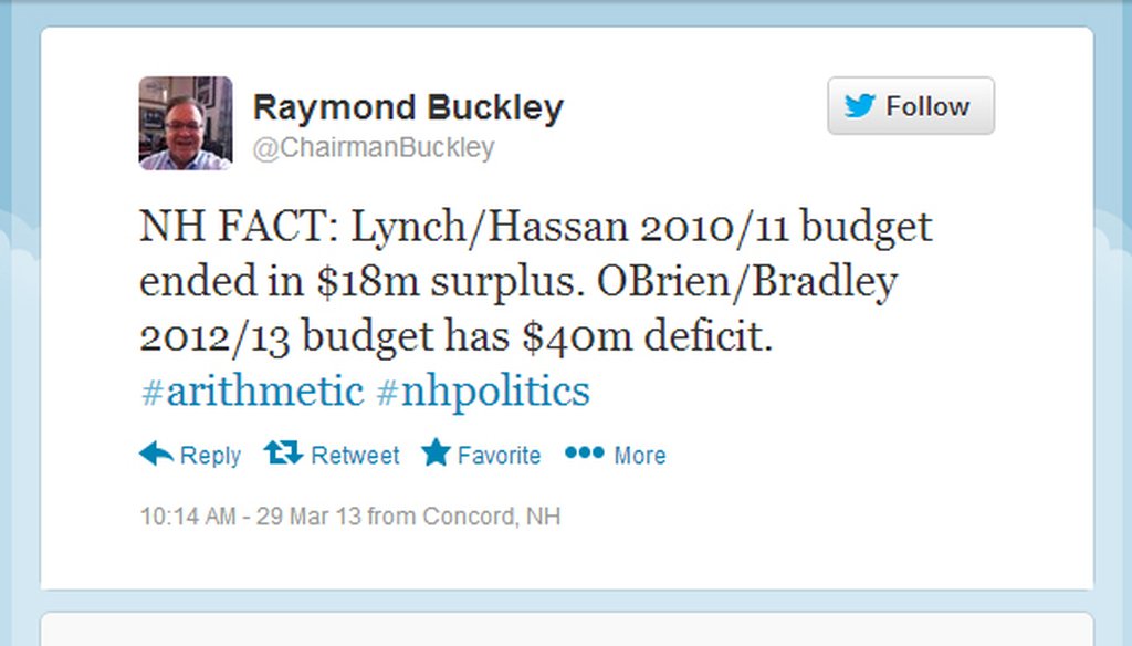 NHDP Chair Raymond Buckley's tweet about GOP's budget leaving the state in a hole
