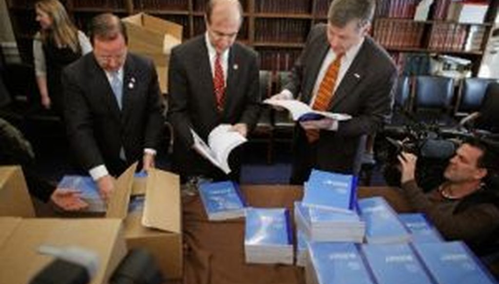 Republican House Budget Committee members unloaded boxes of President Obama's proposed budget on Feb. 14.