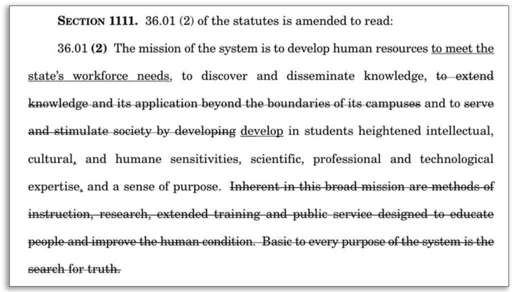 This excerpt from Gov. Scott Walker's 2015-'17 budget reframes the mission of the University of System, essentially removing the Wisconsin Idea, a guiding principle of the system that emphasizes service to state government and citizens.