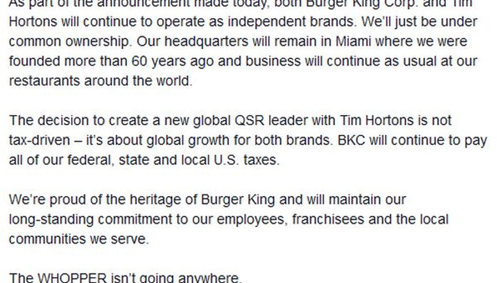Here's what Burger King posted on Facebook about its deal with Canadian chain Tim Horton's.