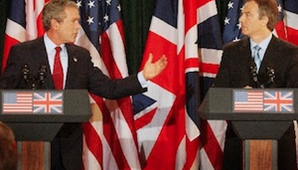 President George W. Bush and British Prime Minister Tony Blair discussed their partnership on the Iraq war during a press conference near Belfast, Northern Ireland. (2003 AP Photo)