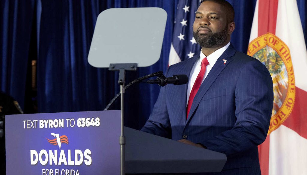 Gubernatorial candidate U.S. Rep. Byron Donalds speaks during his kickoff campaign on March 28, 2025, in Bonita Springs, Fla. (AP)