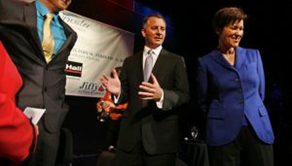 Candidates for Congress in Pinellas County, Florida, appear at a Feb. 25 debate. From left are Libertarian Lucas Overby, Republican David Jolly and Democrat Alex Sink.