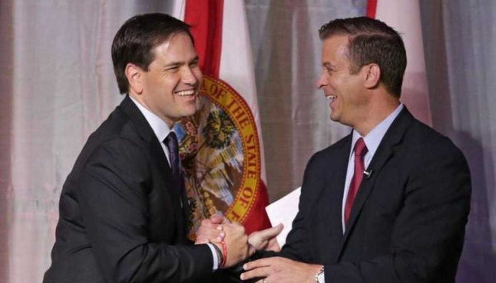 Lt. Gov. Carlos Lopez-Cantera introduced U.S. Sen. Marco Rubio at the Miami-Dade County Republican Party's annual Lincoln Day dinner in June 2015. Lopez-Canter is running for Rubio's Senate seat. (Miami Herald.)