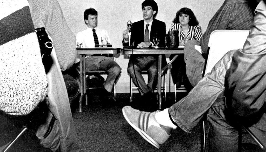 The 1987 Marquette yearbook shows student government officials Jeff Bjorn, Scott Walker and Kiki White announcing results of an impeachment probe of student leaders. Source: Dept. of Special Collections and University Archives, Marquette U. Libraries