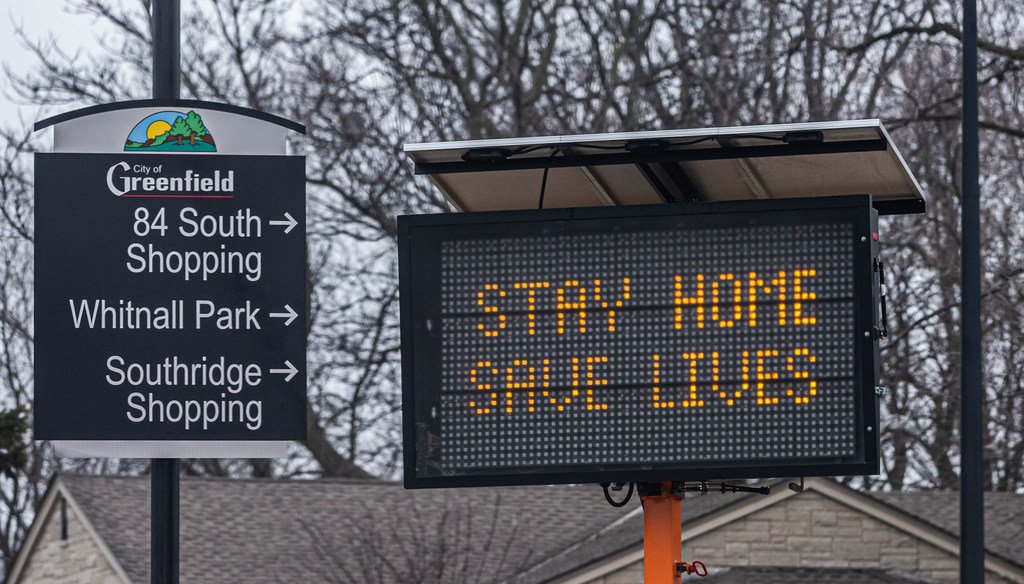A municipal sign in the City of Greenfield reminds drivers to Stay Home and Save Lives on Wednesday, March 25, 2020, the first full day after Gov. Tony Evers issued a stay-at-home order to stop the spread of the coronavirus. (Scott Ash/NOW News Group)