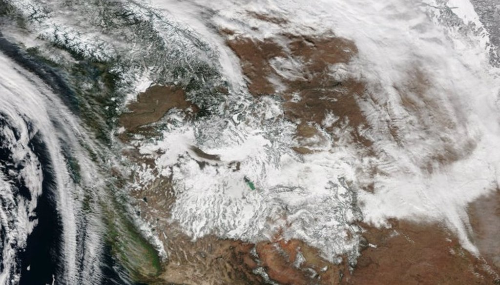 January brought abundant snow to the Sierra Nevada, but February has been mostly dry. A view of true-color imagery of the snow covering the Western U.S. from NOAA Satellite and Information Service. NOAA / Courtesy