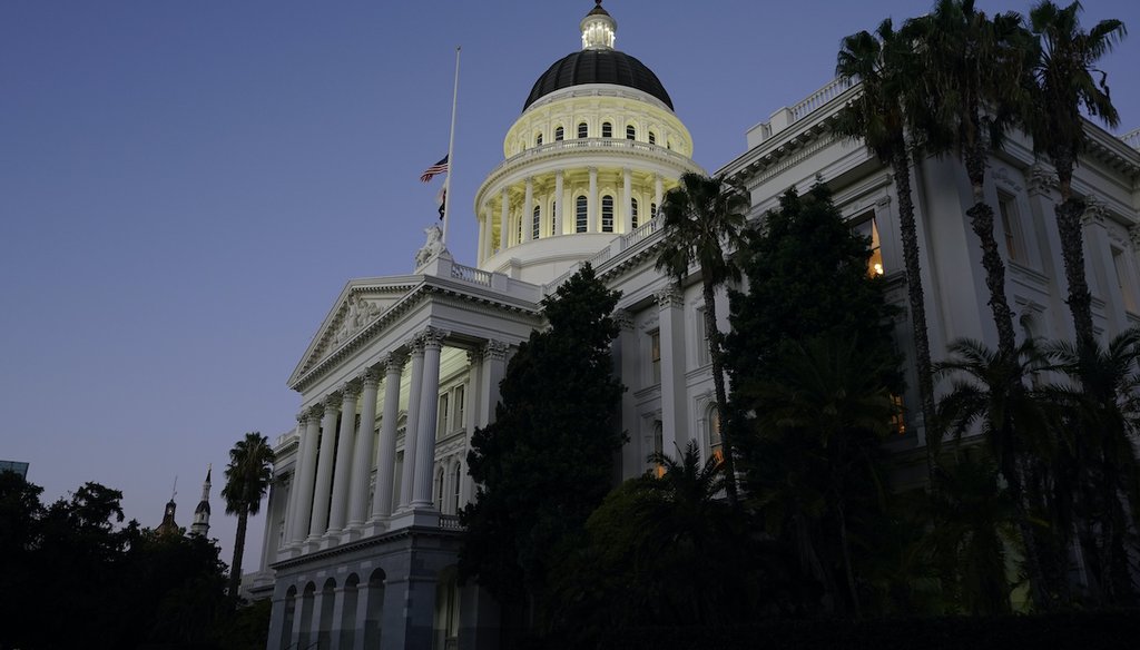 The lights of the Capitol dome shine in Sacramento, Calif., on Sept. 10, 2021. (AP)