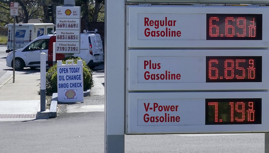 The gasoline price board is shown at a gas station in Menlo Park, California, on March 21, 2022. (AP )