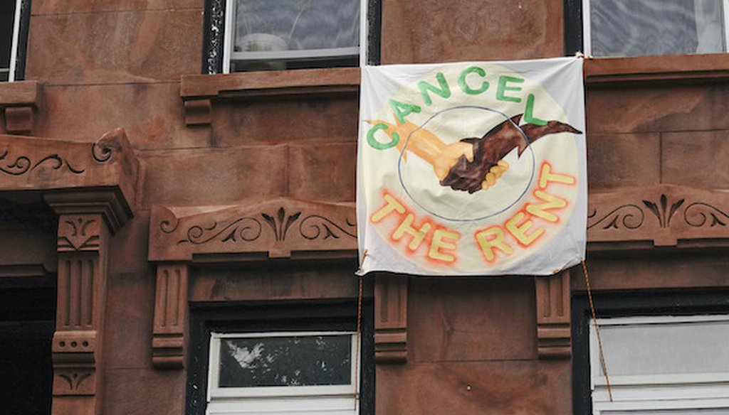 A view of a sign saying, "Cancel the Rent," during the coronavirus pandemic on May 18, 2020, in Brooklyn. (AP)