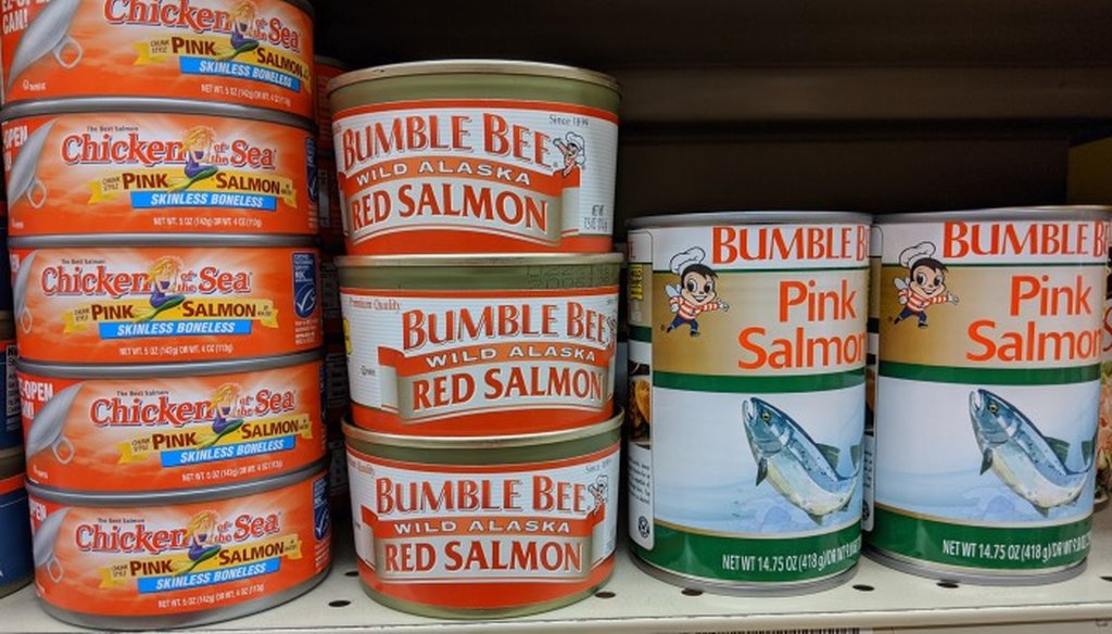 Cans of pink salmon caught in U.S. waters, processed in Asia, and sold at a supermarket in Washington, D.C. (Jon Greenberg)