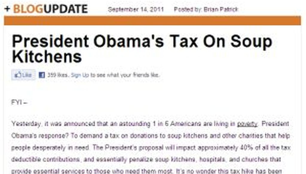 In this blog post, the office of House Majority Leader Eric Cantor, R-Va., accused President Barack Obama of proposing a tax on soup kitchens.