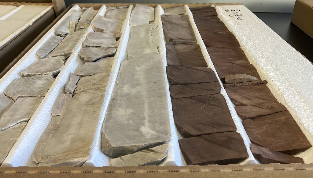Rock samples taken from an almost 2-mile-deep well drilled in northeastern Wyoming to study the potential for storing carbon dioxide underground are displayed in a University of Wyoming School of Energy Resources lab. (AP)