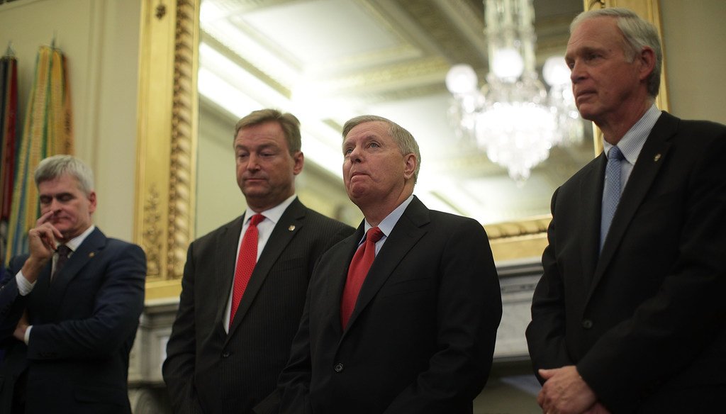Republican U.S. senators (from left) Bill Cassidy of Louisiana, Dean Heller of Nevada, Lindsey Graham of South Carolina and Ron Johnson of Wisconsin introduced a bill in September 2017 to repeal Obamacare. (Alex Wong/Getty Images)