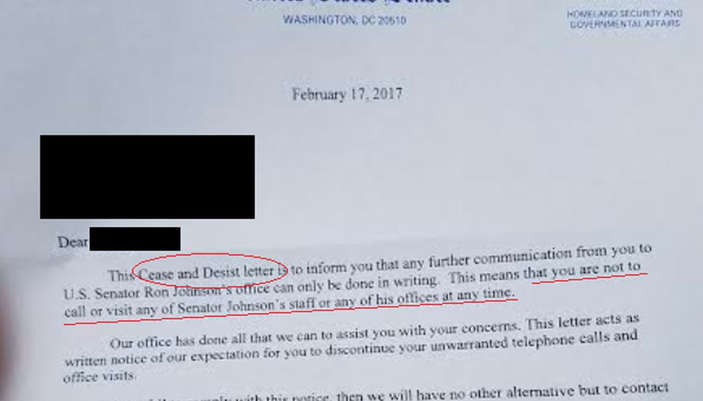 Citizen Action of Wisconsin says U.S. Sen. Ron Johnson, R-Wis., cracks down on dissenters and posted this letter as evidence. 
