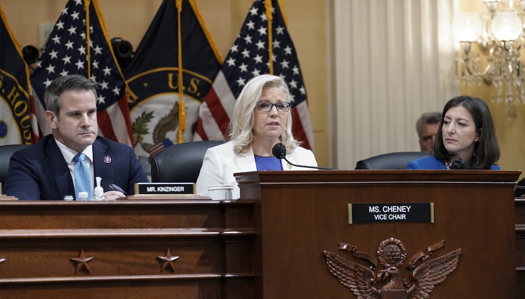 Vice Chair Liz Cheney, R-Wyo., speaks as the House select committee investigating the Jan. 6 attack on the U.S. Capitol holds a hearing on July 21, 2022. Reps. Adam Kinzinger, R-Ill., and Elaine Luira, D-Va., listen. (AP)