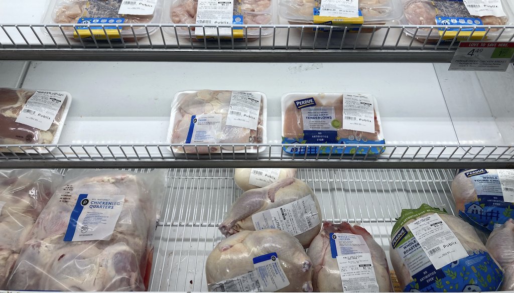 A near empty case of different chicken cuts is displayed at a Publix Supermarket, Wednesday, Oct. 20, 2021, in Miami. (AP)