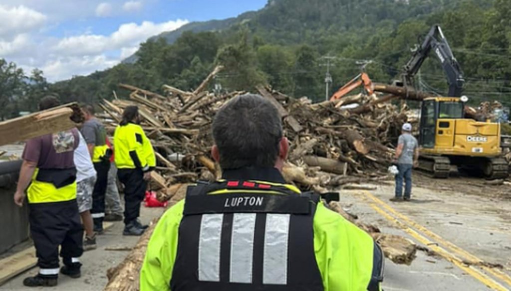 Rescue workers from the Pamlico County rescue team are shown working in the aftermath of Helene the area of Chimney Rock, N.C., Saturday, Sept. 28, 2024. (Pamlico County Special Operations via AP)