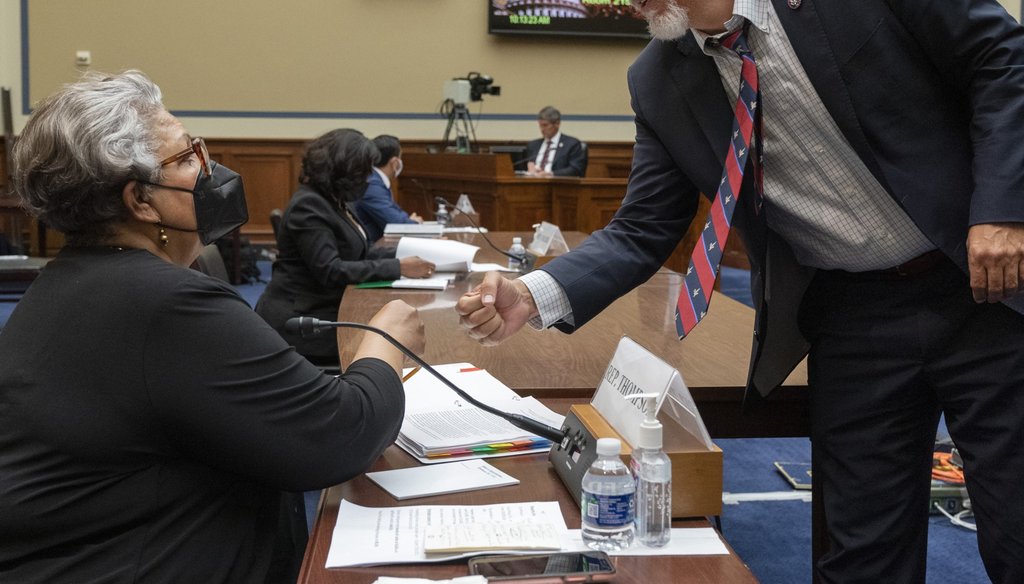 Texas State Democratic Rep. Senfronia Thompson, left, receives a fist bump from Rep. Chip Roy, R-Texas, Thursday, July 29, 2021, on Capitol Hill in Washington. (AP Photo/Jacquelyn Martin)