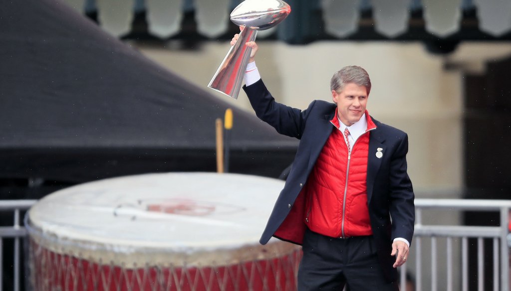 Kansas City Chiefs owner Clark Hunt holds the Super Bowl trophy during a rally in Kansas City, Mo., Wednesday, Feb. 5, 2020. (AP)