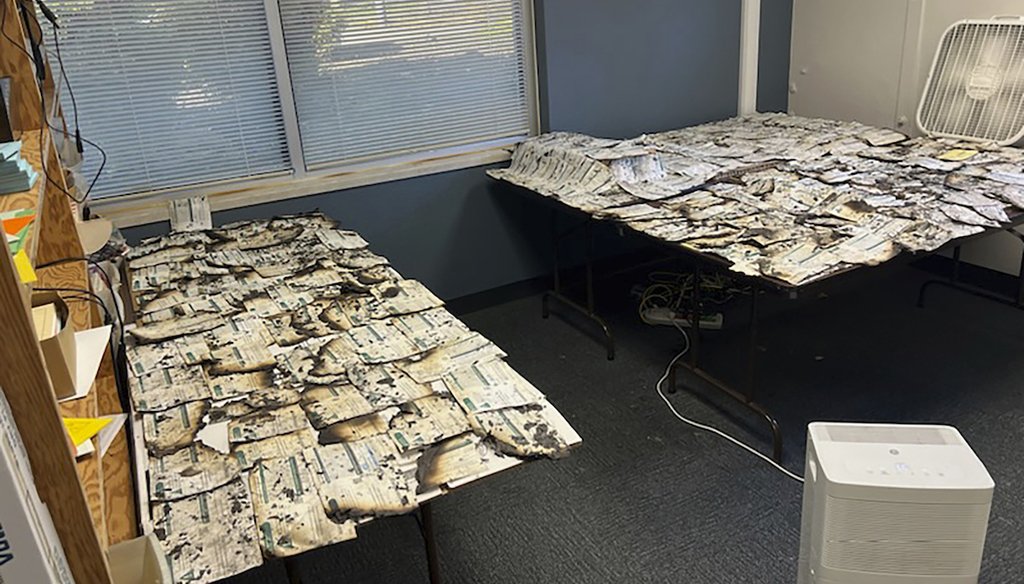 Ballots damaged in a drop box arson in Vancouver, Wash., are spread on tables on Oct. 28, 2024, in this photo taken by Clark County Auditor Greg Kimsey. (AP)