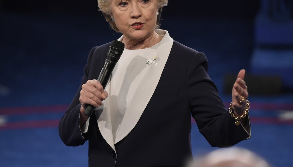 Democratic presidential nominee Hillary Clinton speaks during the second presidential debate at Washington University in St. Louis, Sunday, Oct. 9, 2016. (Saul Loeb/Pool via AP)