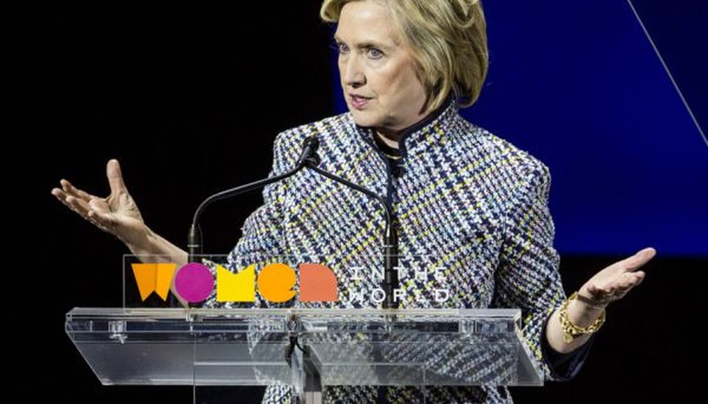 Democratic presidential hopeful and former Secretary of State Hillary Clinton addresses the Women in the World Summit on April 23, 2015, in New York City.