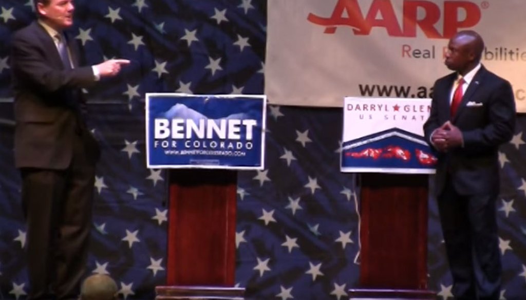Michael Bennet (left) and Darryl Glenn face-off in the Club 20 U.S. Senate debate. YouTube