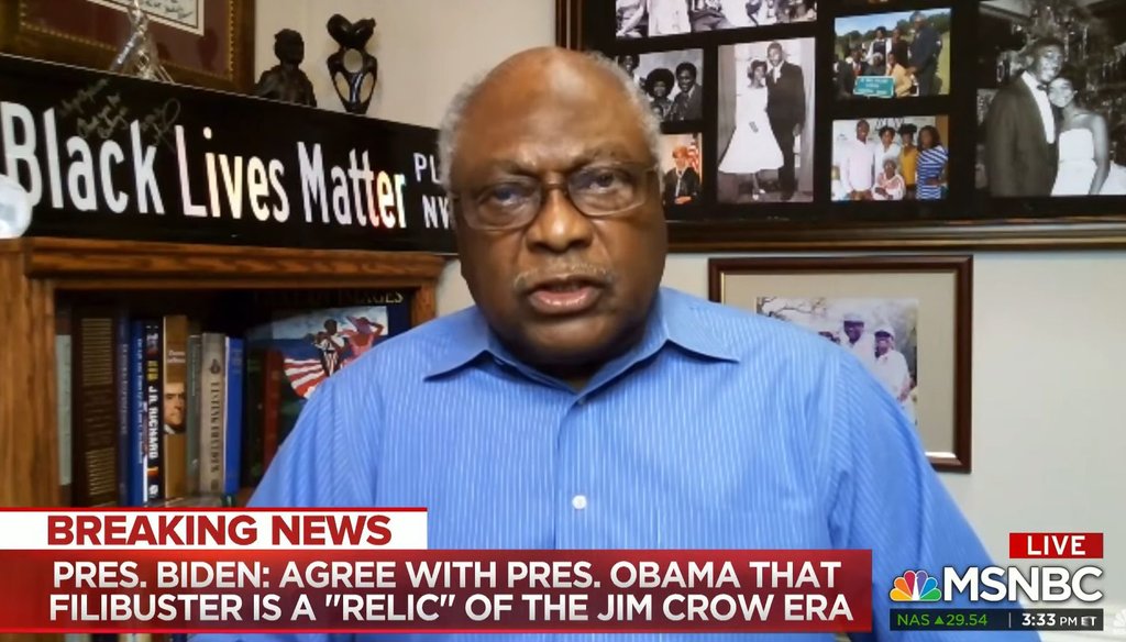 Rep. James Clyburn, D-S.C., appeared on MSNBC on March 25, 2021. (Screenshot)