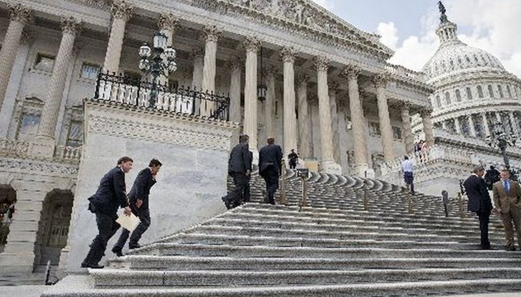 Members Congress climb the steps of the U.S. House of Representatives for votes on July 31, 2014. 
