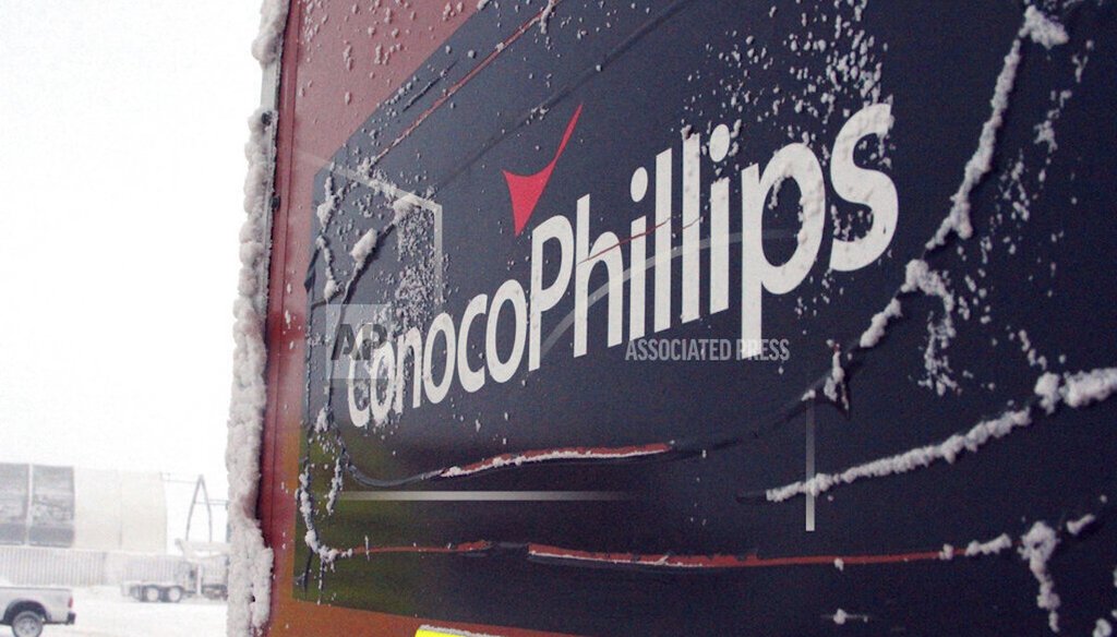 An ice-covered ConocoPhillips sign is displayed at the what is known as the CD5 drilling site on Alaska's North Slope in 2016. The Biden administration on March 13, 2023 approved another North Slope oil drilling project, known as Willow. (AP)