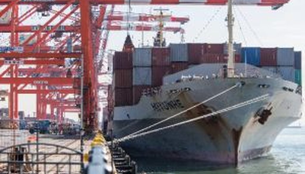A container ship awaits being unloaded in a cargo terminal at a port in Tokyo in November 2013.