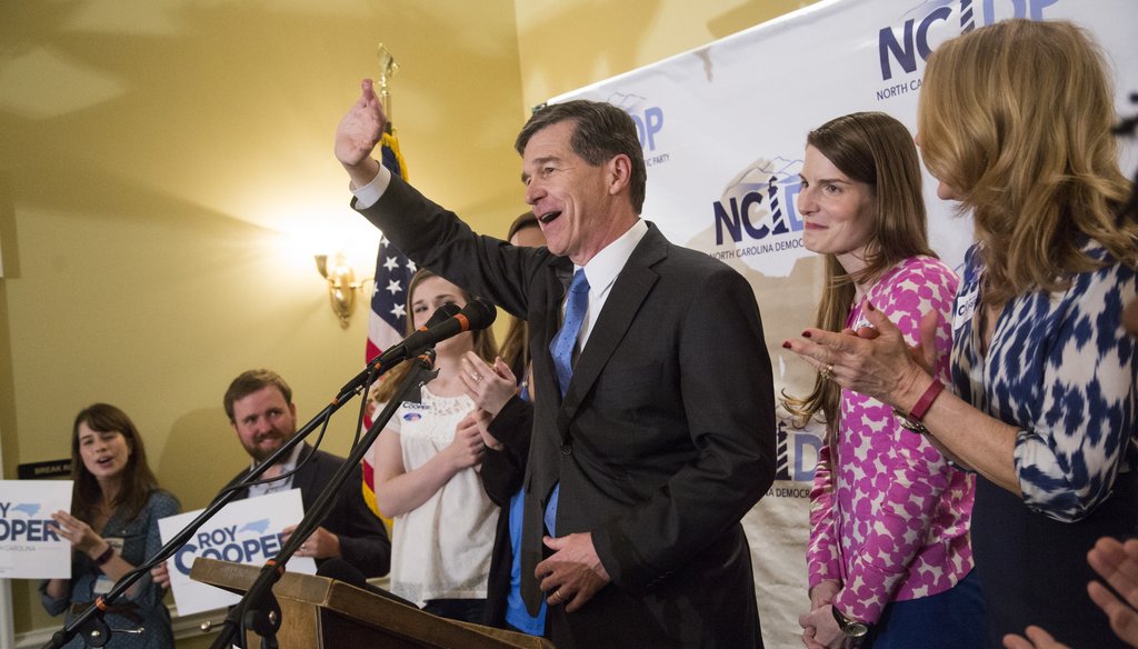 Roy Cooper thanks supporters March 15, 2016, after winning the Democratic nomination for governor