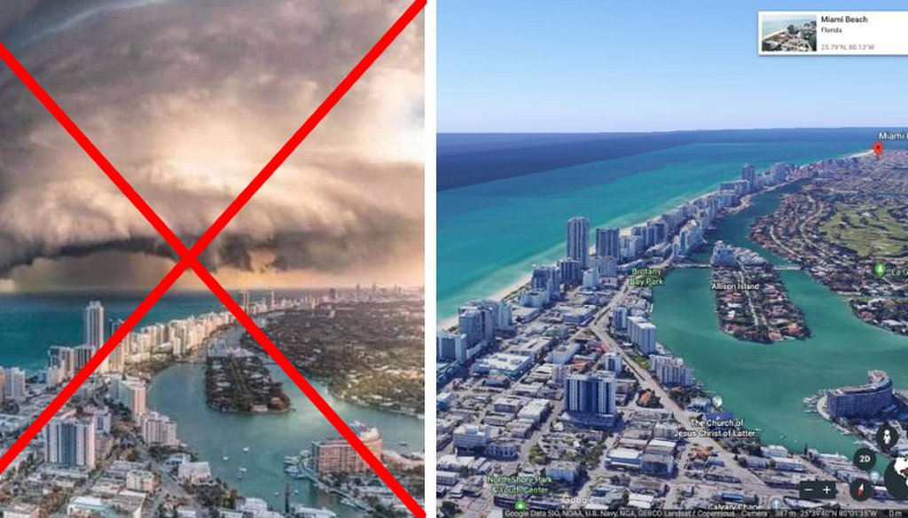 (Left, the original doctored image. Right, the view of North Miami Beach from Google Earth.)