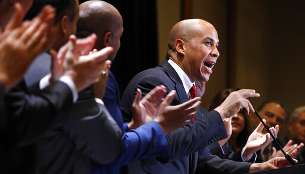 Democratic presidential candidate Sen. Cory Booker, D-N.J., is applauded as he speaks during the Machinists Union Legislative Conference, Tuesday May 7, 2019, in Washington. (AP)