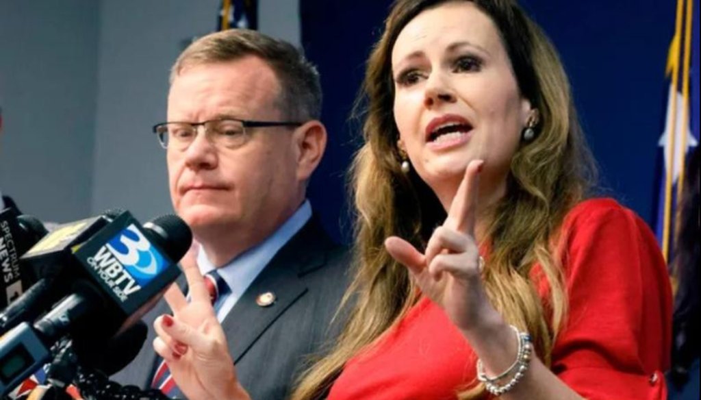 State Rep. Tricia Cotham at a April 5, 2023 news conference with N.C. House Speaker Tim Moore (left)  announcing her switch from the Democratic to the Republican party. (WRAL-TV)