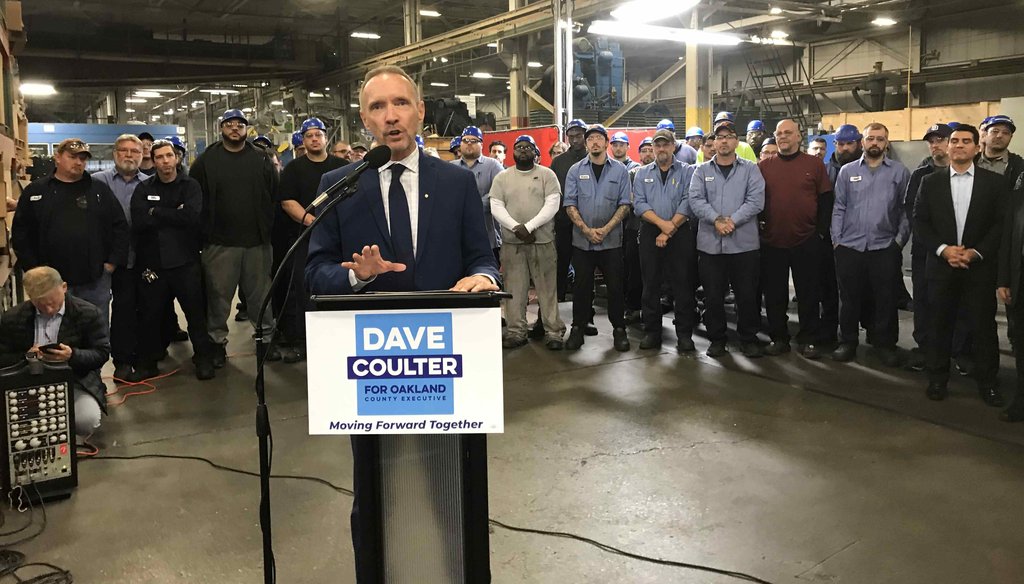 Dave Coulter declares his intention to run for Oakland County executive in 2020 at a Ferndale metal-working factory. (Bill Laitner/Detroit Free Press)