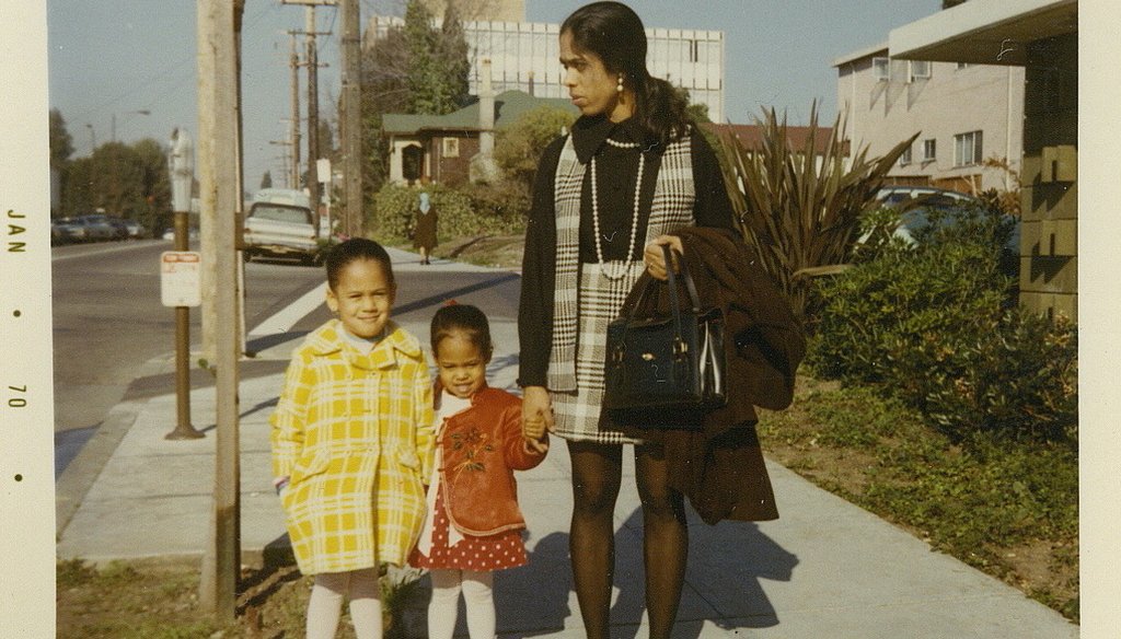Kamala Harris, left, in 1970 with her sister, Maya Harris, and mother, Shyamala Gopalan. She was among the first classes to integrate Berkeley, Calif., elementary schools through a pioneering busing program that started in 1968. (Courtesy Kamala Harris)