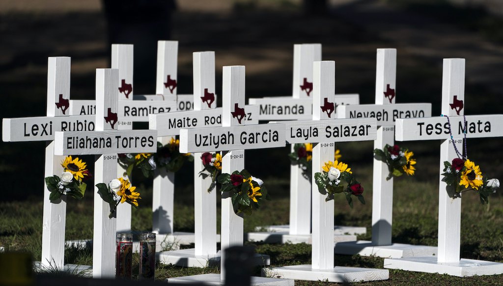 Crosses with the names of the May 24 Uvalde school shooting victims are placed outside Robb Elementary School in Uvalde, Texas on May 26, 2022. (AP)
