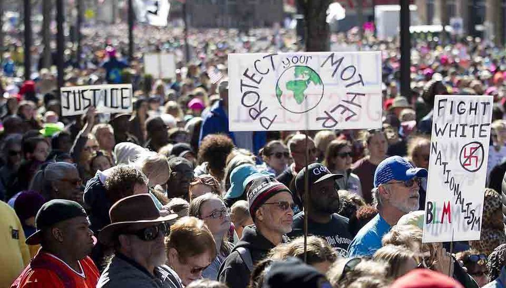 A shot of the crowd on Fayetteville Street during the HKonJ march in Raleigh, Feb. 11, 2017. News & Observer photo.