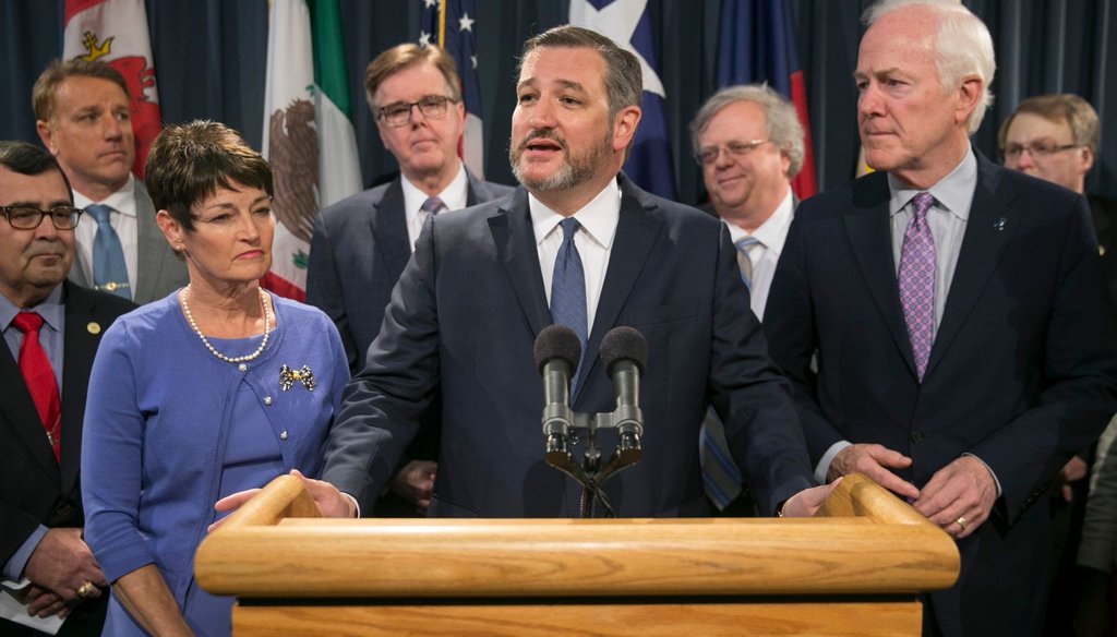 U.S. Sen. Ted Cruz speaks at a news conference at the Texas Capitol in April about a state resolution declaring a crisis at the U.S.-Mexico border. [JAY JANNER/AMERICAN-STATESMAN]