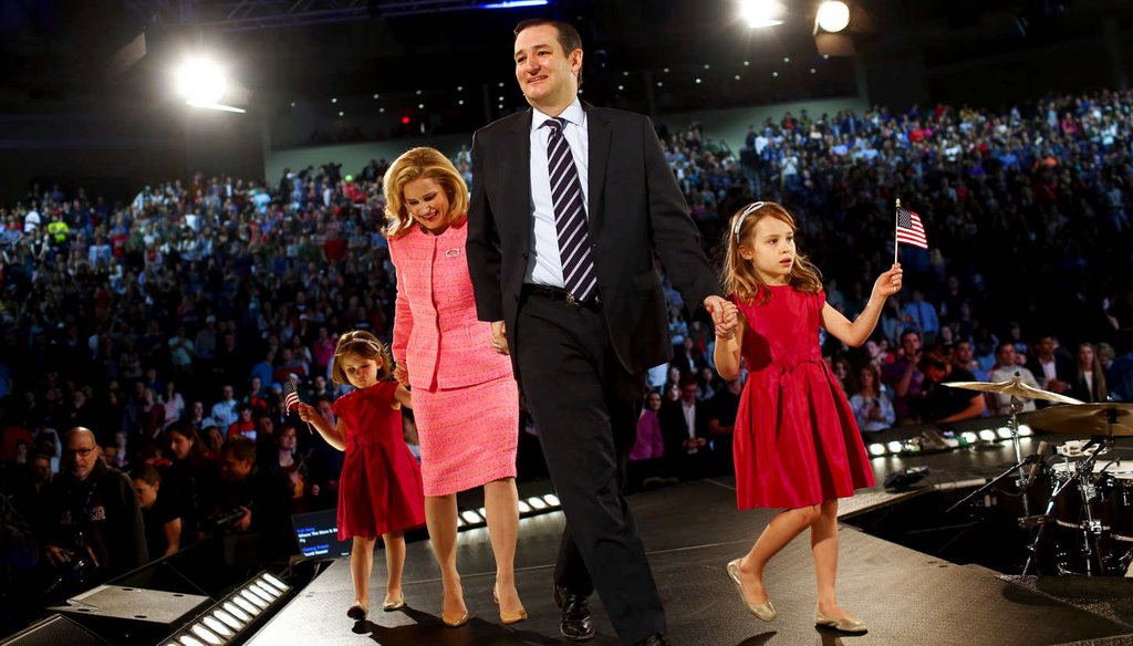 Sen. Ted Cruz, R-Texas, with his wife and daughters at Liberty University in Lynchburg, Va. Student attendance was mandatory. (New York Times)