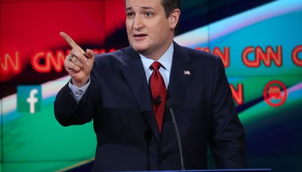 Sen. Ted Cruz, R-Texas, makes a point at the Republican presidential debate in Las Vegas on Dec. 15, 2015.