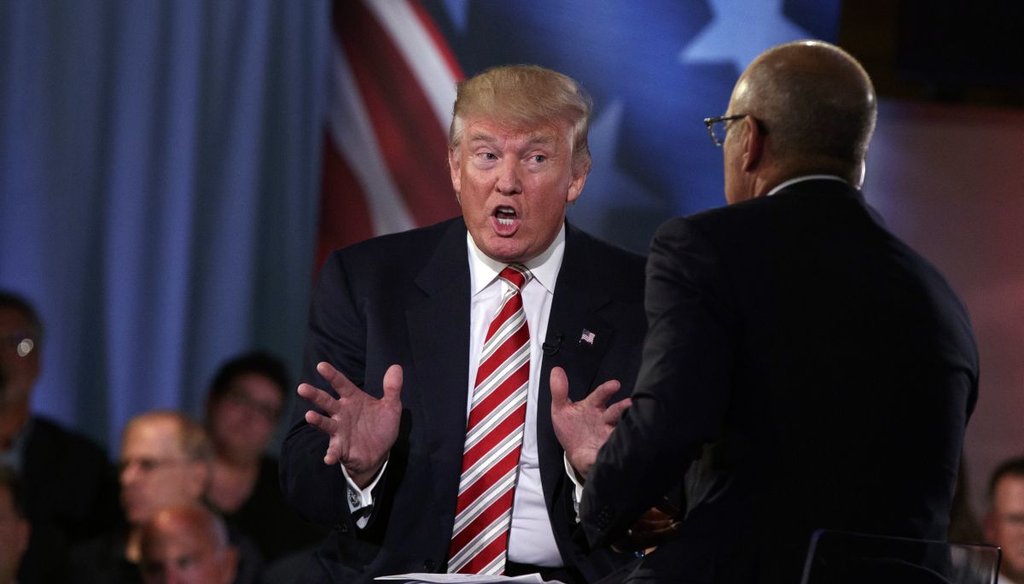 Republican presidential candidate Donald Trump speaks with 'Today' show co-anchor Matt Lauer at the NBC Commander-In-Chief Forum held at the Intrepid Sea, Air and Space museum aboard the decommissioned aircraft carrier Intrepid, New York. (AP)