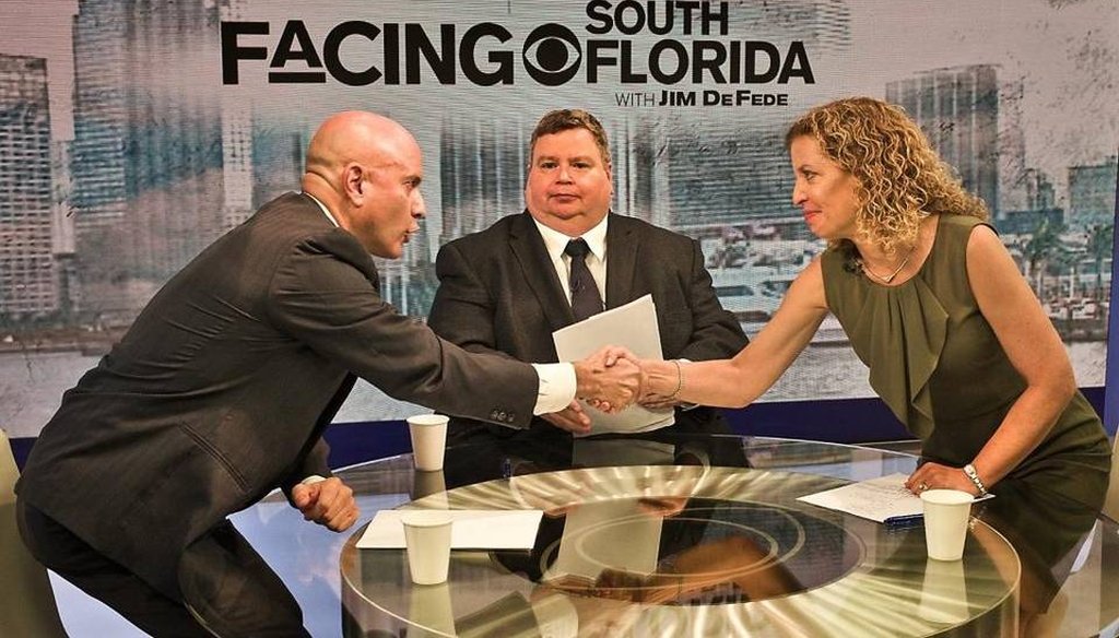 U.S. Rep. Debbie Wasserman Schultz debated Democratic rival Tim Canova on CBS4 in Miami Aug. 14, 2016. (Patrick Farrell/Miami Herald)