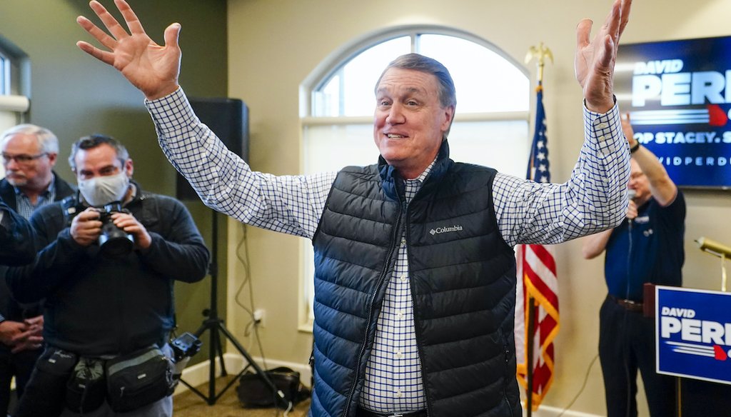 Former U.S. Sen. David Perdue arrives to speaks at a campaign stop at the airport in Covington, Ga., on Feb. 2, 2022. Perdue is running for the Republican nomination for governor of Georgia. (AP)