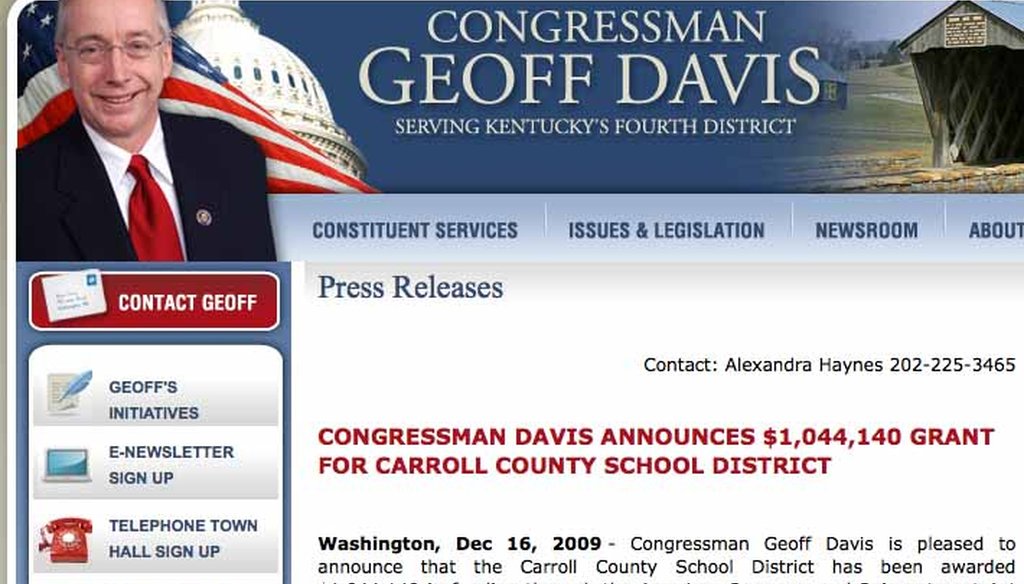 Rep. Geoff Davis voted against the stimulus . . . but then boasted about a $1 million grant it provided for a local school system.